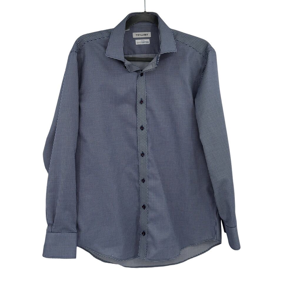 Twillory Mens Size 16 32/33 Blue Long Sleeve Checkered Safe Cotton Dress Shirt